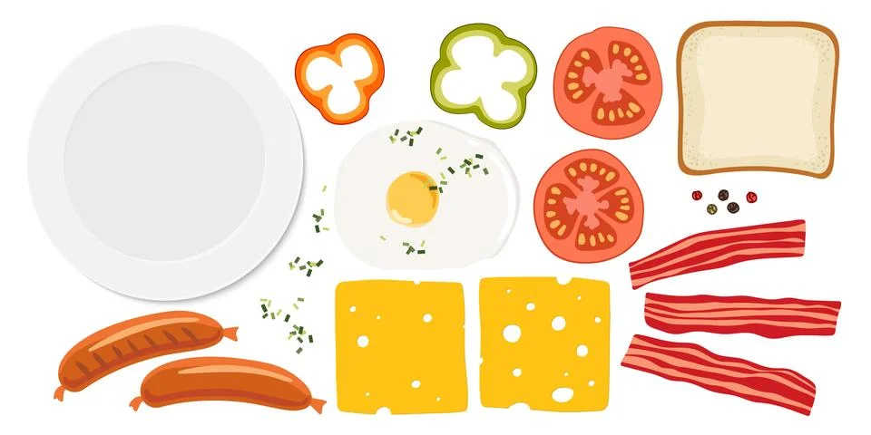Big Breakfast set. Toast, fried egg, tomato, bacon, cheese, paprika, sausage Stock Illustration