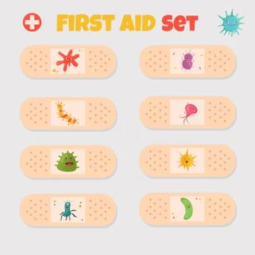 Big bright set First aid with cute happy bacterias Stock Illustration