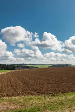 Big brown fields of fertile soil, green forest and wind power in the backgrou Фото