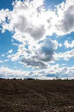 Big brown fields of fertile soil and the blue sky with white clouds Stock-Fotos