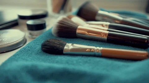 Big brush set for make-up on table Video stock 69976751