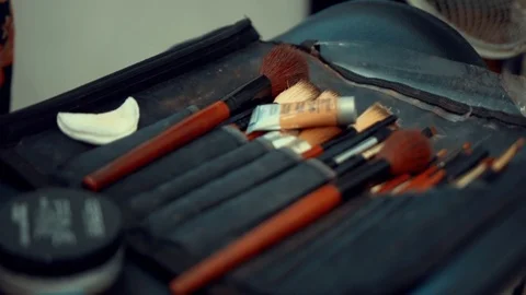 Big brush set for make-up on table Video stock 69976949