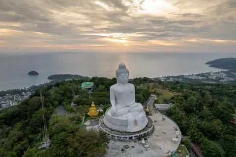 Big buddha Phuket Aerial view Cloudy Sunset Thailand Stock Photos
