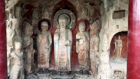 Big Buddha statue with disciples, Bodhisattvas at Huangze Temple Stock Footage 316283653