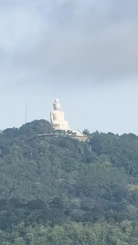Big Buddha Statue on Top of Green Mountain Hill Overlooking Bay Stock Footage 342053732