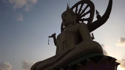 Big Buddha Temple on Koh Samui island at sunset. Wat Phra Yai Temple. Clouds Stock Footage 127611349