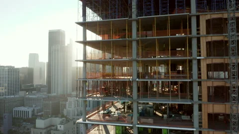 Big Building Construction Site on Skyscraper in Urban landscape of Los Angeles Stock Footage 143492736