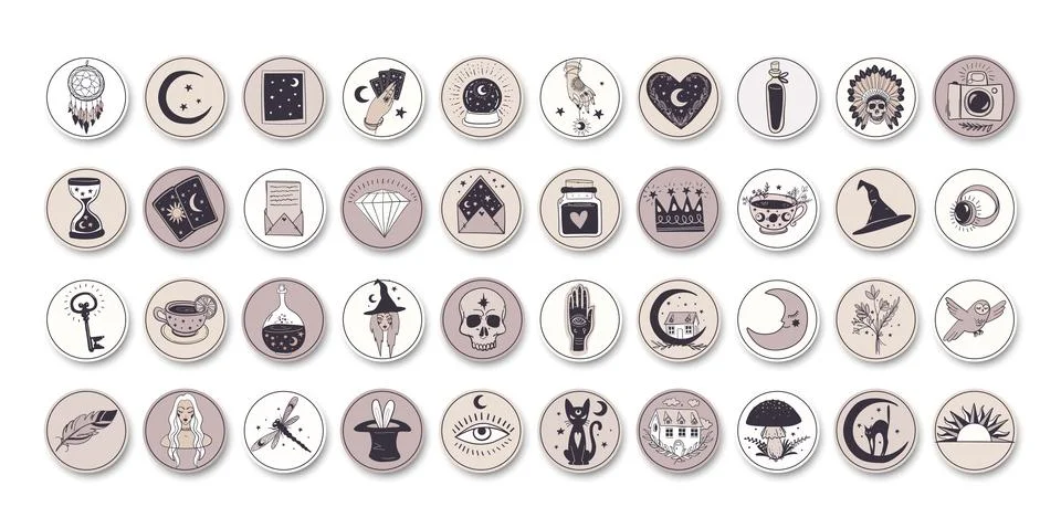 Big bunch of boho hand drawn icons, stylish. Modern cute witch logo, magic si Stock Illustration
