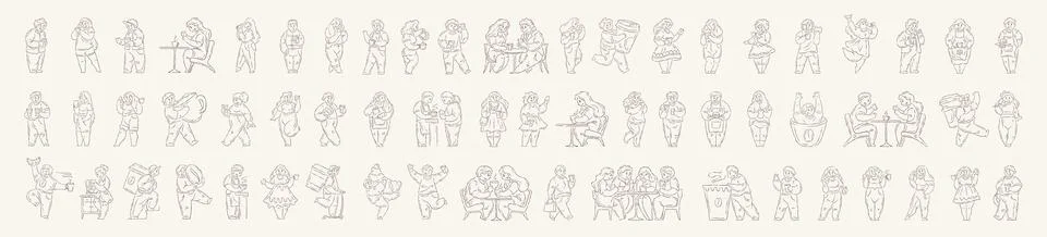 Big Bundle Of Doodle Characters In A Cozy Cafe Scene Vector Illustration 스톡 일러스트