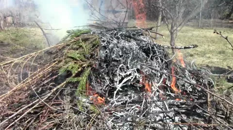 Big burning bonfire made of brances and leaves with smoke Stock Footage 22741130