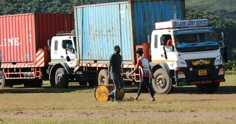 Big Cargo Containers on Hill station Stockbeeldmateriaal 327044088