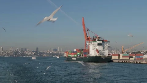A big cargo ship named as Uni-Aspire at The Port Of Haydarpasa at Istanbul Stock Footage 124730750