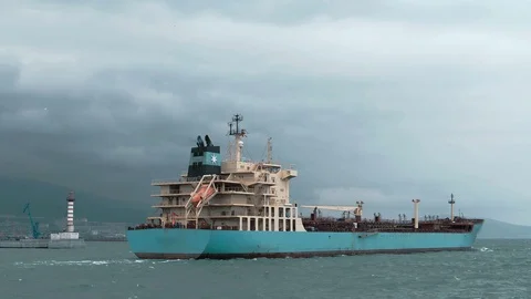Big cargo ship without a name, sails after loading from the port Video stock 89497977