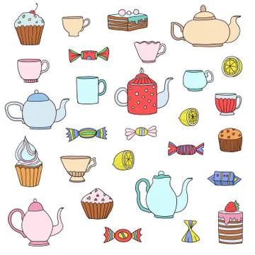 Big cartoon set of tea time elements Illustrazione stock