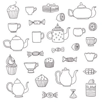 Big cartoon set of tea time elements Stock Illustration