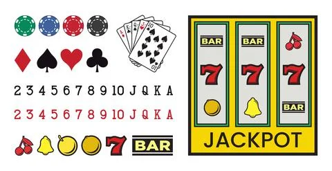 Big CASINO set with elements of poker, slot machines, dice on a white backgro Stock Illustration