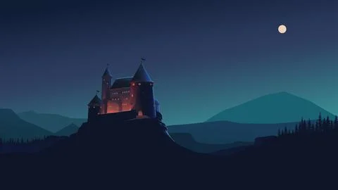 A big castle at night on landscape Stock Illustration