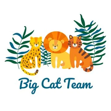 Big cat team with leopard, lion and tiger. Isolated vector illustration in flat Stock Illustration