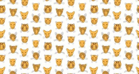 Big cats faces hand drawn animals seamless pattern Illustrazione stock