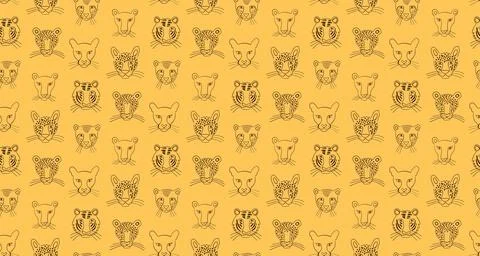 Big cats faces hand drawn animals seamless pattern Illustrazione stock