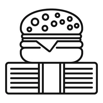 Big cheeseburger standing on stack of money banknotes icon outline Stock Illustration