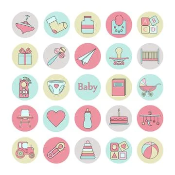 Big circle web icon set. Baby, toy, feed and care colorful ready to use isola Stock Illustration
