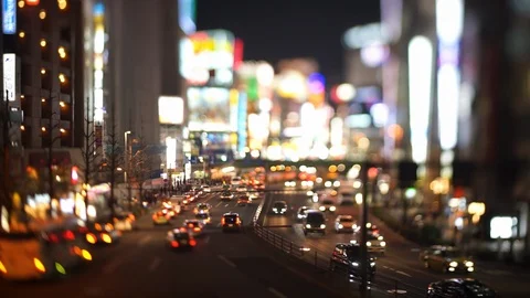 Big Cities Neon Light and Traffic at Night (tilt-shift) Stockbeeldmateriaal 86585434