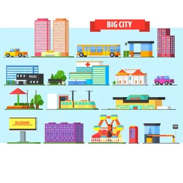Big City Buildings Set. Vector Illustartion Ilustración de archivo