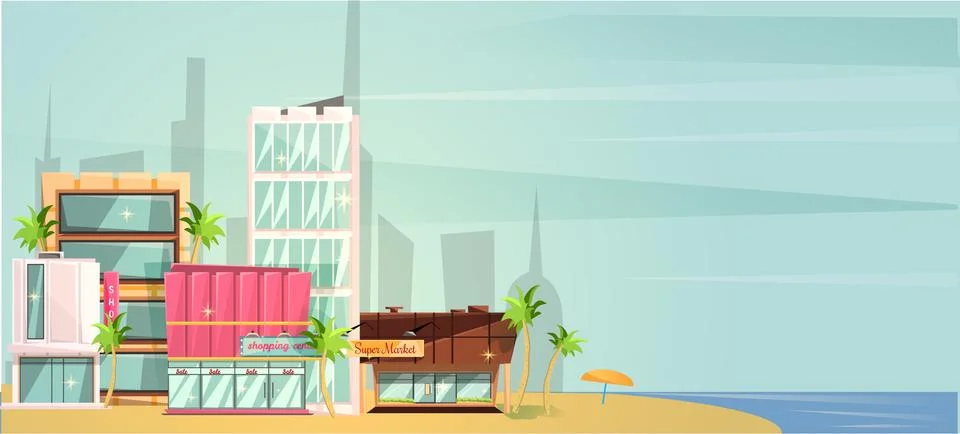 Big city ocean beach vector illustration, flat cartoon high city skyscraper Stock Illustration