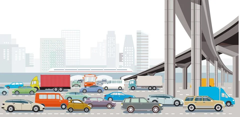 Big city in rush hour with an intersection illustration Stock Illustration