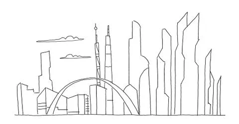 Big city skyscraper future sketch. Hand drawn vector stock line illustration Stock Illustration
