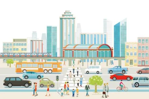 Big city with train station, bus, and pedestrian crossing Stock Illustration