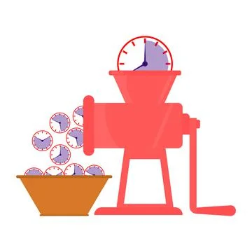 Big clock fall into a mincer and grind in many small clocks.  Stock Illustration