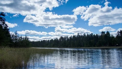 Big clouds over pond Stock Footage 72950752