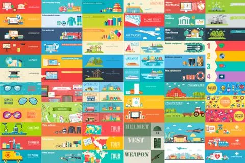 Big collection of banners in flat style. In Set themes business, airport, online Stock Illustration