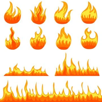 Big collection of cartoon fire flames elements and horizontal borders flat Stock Illustration