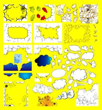Big collection of comic book explosion elements, boom vector design pattern. Illustrazione stock