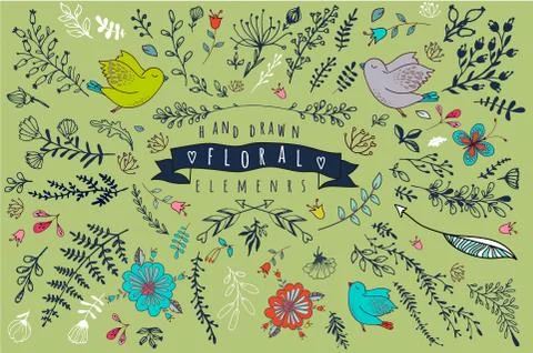 Big collection of different hand drawn grahpic floral elements Stock Illustration