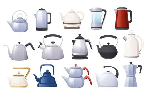 Big collection of different types teapots electric coffee ceramic and metal Stock Illustration