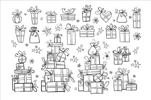 Big collection of doodle gift boxes on white background. Illustrazione stock