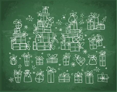 Big collection of doodle gift boxes hand drawn with white chalk on blackboard Illustrazione stock
