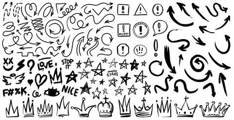 Big collection of hand drawn isolated design elements. arrows, crowns stars Stock Illustration