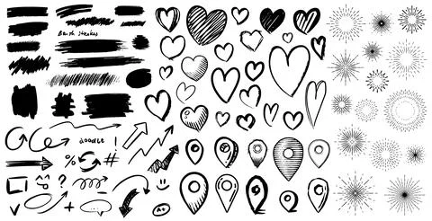 Big collection of hand drawn isolated design elements. brustrokes, hearts Stock Illustration