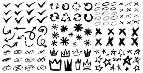Big collection of hand drawn isolated design elements. Check marks, recycle Stock Illustration