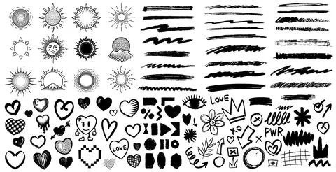Big collection of hand drawn isolated design elements. brustrokes, hearts, suns Stock Illustration