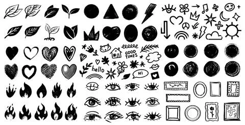 Big collection of hand drawn isolated design elements.Leaves, hearts, fire and Stock Illustration