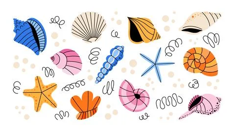 Big collection of hand drawn seashells and marine life elements. Stock Illustration