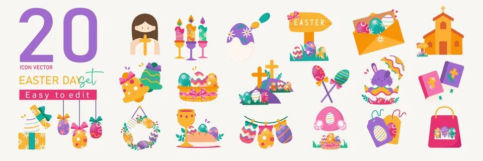 Big Collection of Happy Easter Objects. Flat Design Vector Illustration. Set of Illustrazione stock
