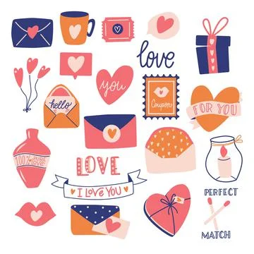 Big collection of love objects and symbols for Happy Valentine's day. Stock Illustration