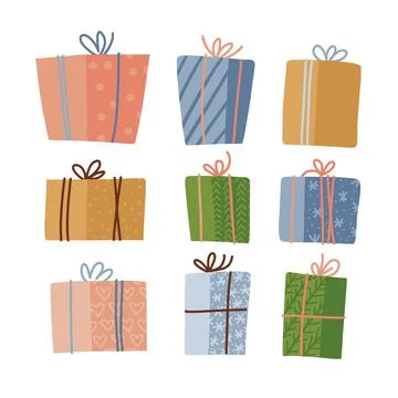 Big collection of present gift boxes in color wrapping paper, decorated by bows Stock Illustration